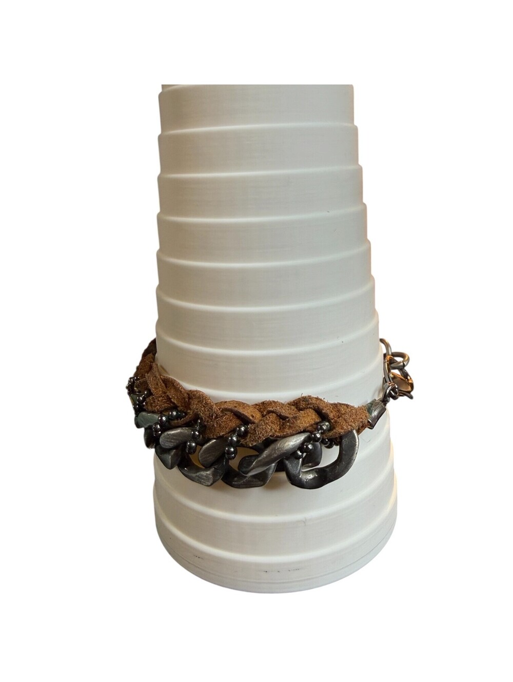 A|X Armani Exchange Brown Braided Leather Aged Silver Chain Bracelet